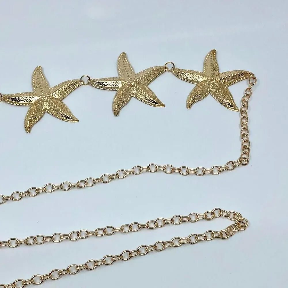 Vintage Y2K Mermaidcore Gold Starfish Chain Belt, Fits 13–44 Inches, X7GA1161